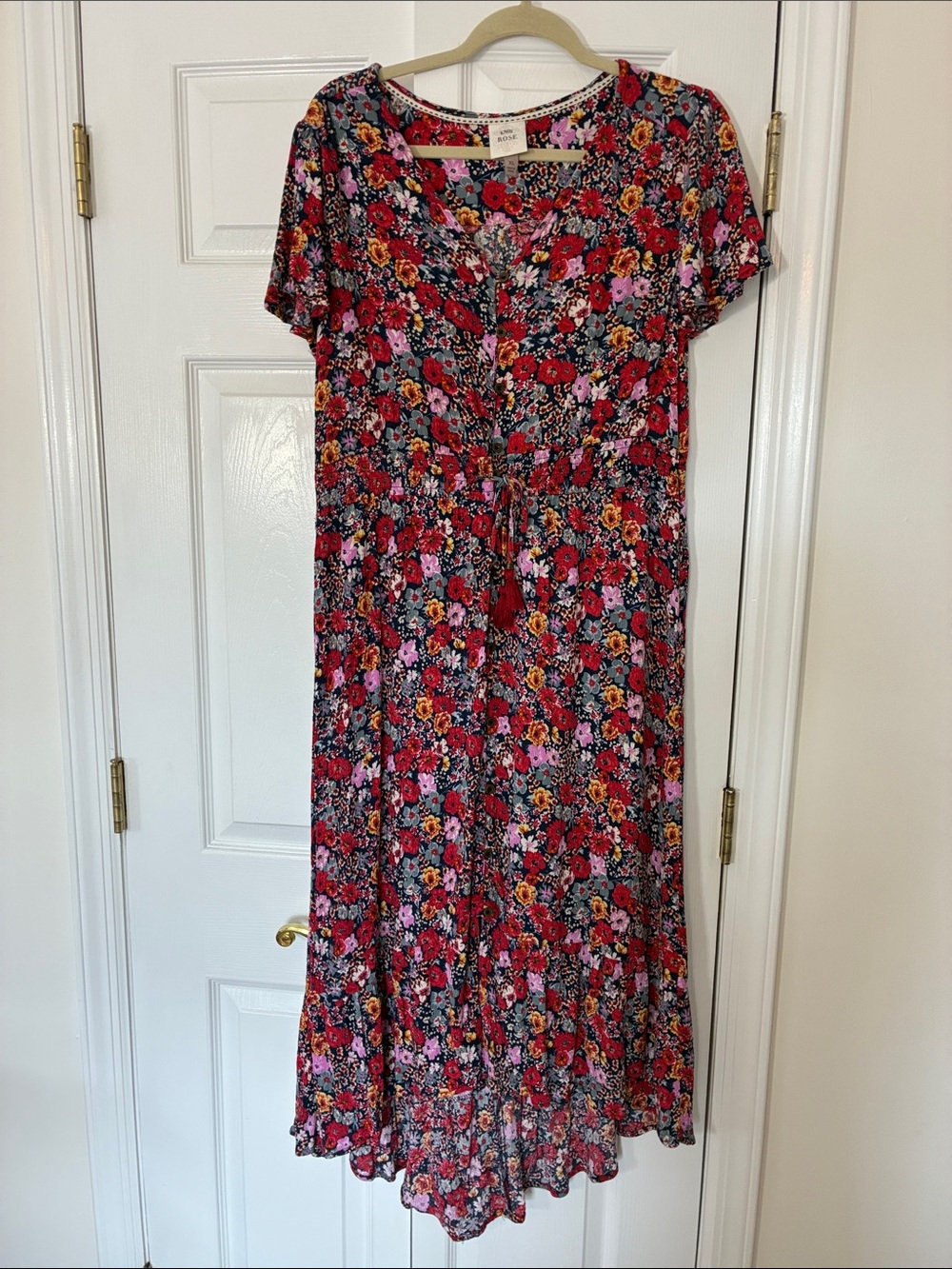 Knox Rose Floral Midi Dress w/ Drawstring Tassel Tie Waist. Sz XL